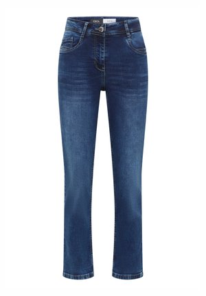 Jean en denim bleu foncé, présentant une coupe droite, cinq poches et une fermeture à boutons à l'avant. Texture lisse avec un léger délavage.