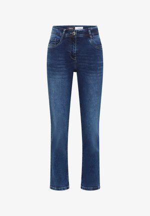 Donkere blauwe spijkerbroek met een rechte pijp, vijf zakken en een knoopsluiting aan de voorkant. Gladde textuur met subtiele vervaging.