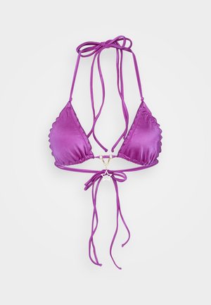Purple satin triangle bikini top with scalloped edges, halter neck ties, and a decorative star charm between the cups.