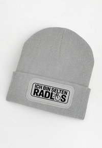 Gray knit beanie with a folded cuff, featuring a rectangular patch with black text reading "ICH BIN SELTEN RADLOS" and a bicycle graphic.