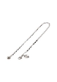 Stříbrný řetízek s hladkou strukturou, obsahující kulatý přívěsek a ozdobný přívěsek ve tvaru listu. Zapínání pro bezpečné upevnění.