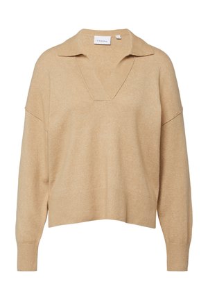 Beżowy dzianinowy sweter z długim rękawem, głębokim dekoltem w serek i kołnierzem, ściągacze na mankietach i dole, luźny krój.