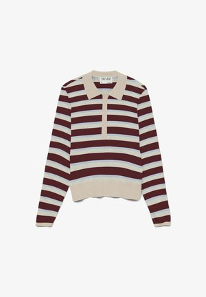 Polo a maniche lunghe con colletto e polsini beige, caratterizzato da righe orizzontali in bordeaux, azzurro e beige, dotato di una patta con bottoni.