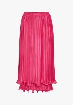 Svijetlo ružičasta midi suknja s finim okomitih naborima i valovitim naboranim rubom, izrađena od blago sjajne, glatke tkanine.