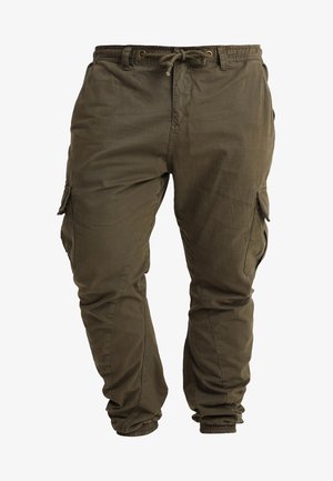 Olivgrüne Cargo-Hosen aus weichem Baumwollstoff mit verstellbarem Taillenkoord und elastischen Bündchen sowie seitlichen Patten-Taschen.
