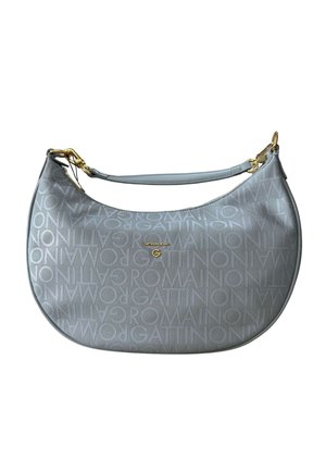 Borsa a mezzaluna grigio chiaro con motivo a testo ripetuto "Gattinoni Roma" e dettagli dorati nelle attaccature della tracolla.