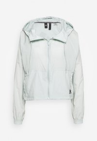 Ljusrgrå dragkedjejacka med huva och långa ärmar, elastiska muddar, Adidas-logotyp vid fållen och nätfoder inuti huvan.