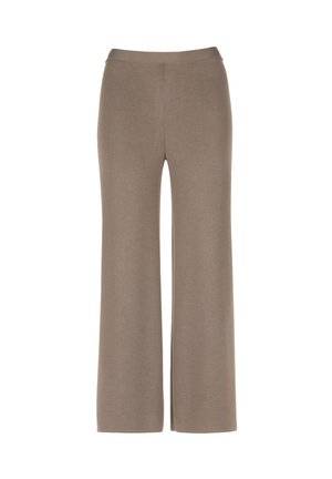 Pantaloni larghi e elastici di un colore taupe chiaro. Tessuto liscio con una vita a media altezza. Nessuna cucitura o tasca visibile.