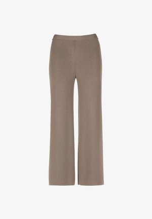 Pantalones de pierna ancha y elásticos en un color topo claro. Textura suave con una cinturilla de altura media. Sin costuras ni bolsillos visibles.