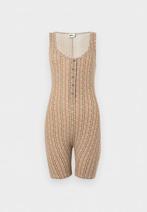 Αμάνικο, εφαρμοστό ολόσωμο σορτς με κουμπιά μπροστά, διακοσμημένο με κάθετα γεωμετρικά μοτίβα σε καφέ, μπεζ και μπλε, και στρογγυλή λαιμόκοψη.