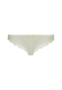 Lace-Thong in sanftem Creme mit gewellten Kanten, ausgestattet mit einem vorderen Schleifenakzent und transparenter Textur für ein elegantes Design.