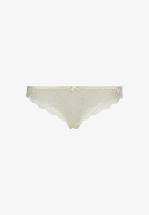Lace-Thong in sanftem Creme mit gewellten Kanten, ausgestattet mit einem vorderen Schleifenakzent und transparenter Textur für ein elegantes Design.
