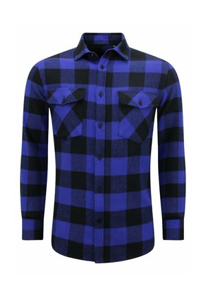 Blauw-zwart geruit flanellen overhemd met lange mouwen, knoopsluiting aan de voorkant en twee knoopsluitbare borstzakken.