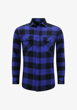 Blauw-zwart geruit flanellen overhemd met lange mouwen, knoopsluiting aan de voorkant en twee knoopsluitbare borstzakken.