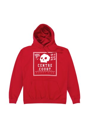 Rode hoodie met een witte schedel, telstreepjes en de tekst "CENTRE COURT Racket Club" in het midden aan de voorkant.