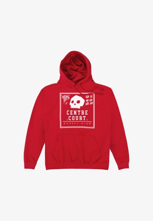 Sudadera con capucha roja con una calavera blanca, marcas de conteo y el texto "CENTRE COURT Racket Club" en el centro delantero.