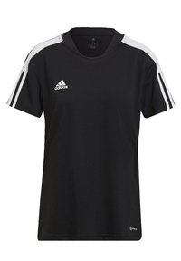 Svart Adidas sportströja med vita axelränder, vit Adidas-logga på vänster bröst och Aeroready-märke nära nederkanten.