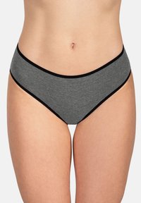Grijze katoenen bikini ondergoed met een gladde textuur, voorzien van zwarte contrasterende bies langs de tailleband en beenopeningen, met een middelhoge taille.