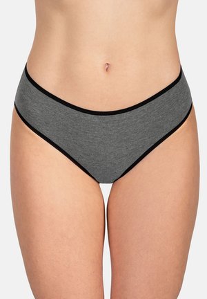 Harmaa puuvillabikini-alusvaate, jossa on sileä pinta, mustilla kontrastipainatuksilla vyötärönauhassa ja lahkeissa, keskipitkä malli.