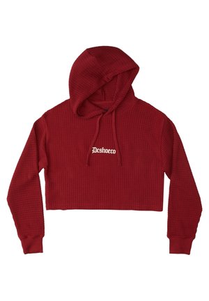 Haut à capuche rouge court, fabriqué en tissu texturé, avec une capuche, des manches longues et un logo blanc à l'avant. Poignets et ourlet côtelés.