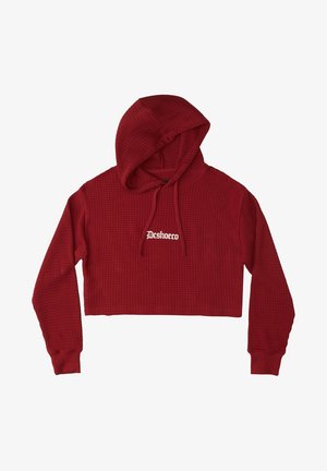 Röd kort hoodie gjord av textilier med struktur, med huva, långa ärmar och en vit logotyp på framsidan. Ribbat på ärmsluten och nederkant.