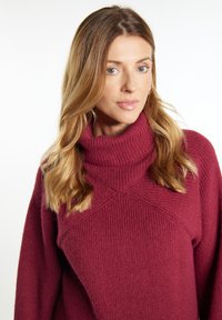 Bordeaux turtleneck trui met ribbeltextuur en diagonale naden, voorzien van een hoge kraag en verlaagde schouders. Zacht, comfortabel materiaal.