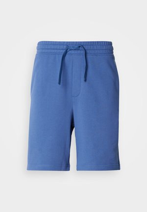 Blue cotton shorts with an elastic waistband, drawstring, and side pocket. Smooth texture, knee-length design, minimal branding detail.