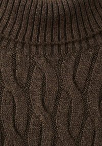 Brązowy dziergany sweter z wysokim prążkowanym kołnierzem. Cały wykonany w teksturowany wzór warkocza. Ciepły, miękki materiał z wełny.