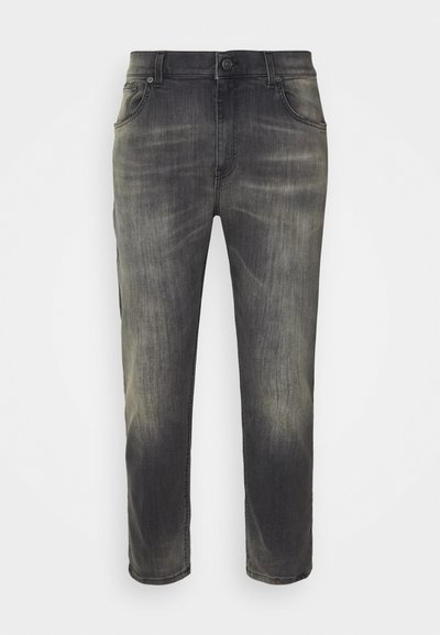 Mørke grå jeans med en falmet finish, rett ben-design, fem lommer og frontknap lukning. Bomullsdenimstof, myk tekstur.
