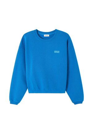 Blauer, verkürzter Sweatshirt aus strukturiertem Stoff. Mit einem gerippten Rundhalsausschnitt, langen Ärmeln und einem kleinen Logo, das auf der Brust aufgedruckt ist.