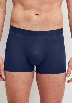 Mannelijke torso met nauwsluitende donkerblauwe boxershorts met een gladde tailleband en een subtiele merknaam op de band.