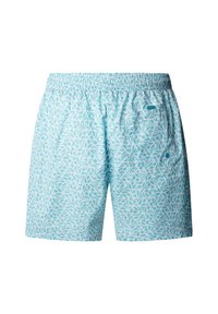 Lyseblå badeshorts med elastisk talje og hvidt cirkulært abstrakt mønster, med en enkelt baglomme.