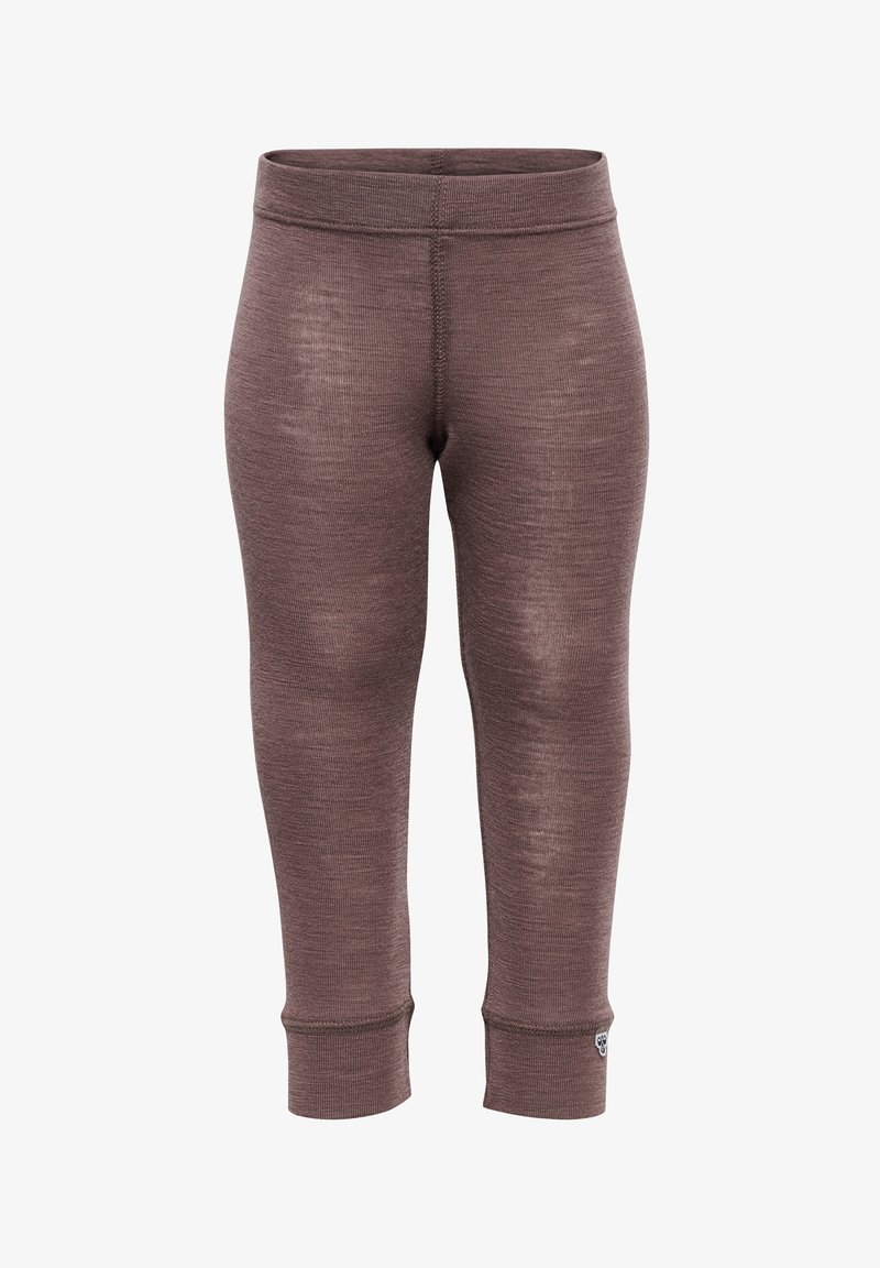 Leggings de sport marron en tissu texturé, avec une coupe ajustée, dotés d'une taille élastique et de poignets serrés aux chevilles.