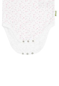 Bodysuit blanco con pequeño patrón floral en rosa, cuello redondo y cierres a presión en la parte inferior. Material de algodón suave con textura lisa.