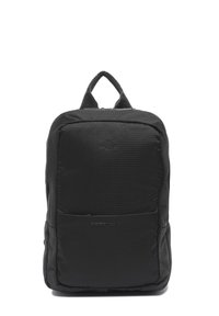Black nylon backpack with a textured surface, padded back, dual shoulder straps, and a top handle. Features a front pocket with branding.