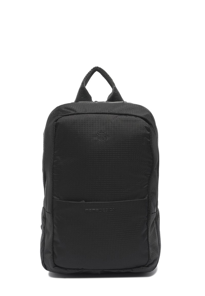 Black nylon backpack with a textured surface, padded back, dual shoulder straps, and a top handle. Features a front pocket with branding.
