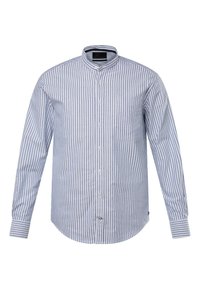 Camicia con bottoni e maniche lunghe a righe verticali blu e bianche. Presenta un colletto a fascia e una tasca sul petto.