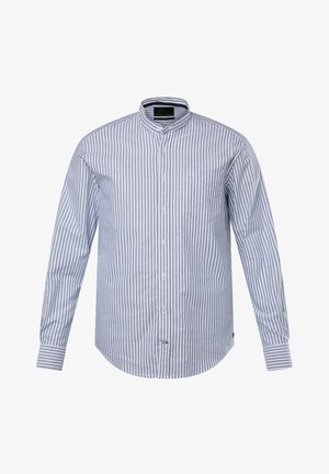 Langärmliges Hemd mit Knöpfen in blauen und weißen vertikalen Streifen. Es hat einen Stehkragen und eine einzelne Brusttasche.