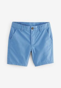 Shorts en coton bleu clair avec une fermeture à bouton à l'avant, dotés de deux poches latérales et de bords nets et ajustés. Texture lisse, design décontracté.