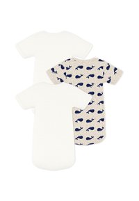 Trys kūdikių kūneliai: vienas visiškai baltas, vienas šviesiai smėlio spalvos su tamsiai mėlynu banginio raštu, ir vienas vientisos smėlio spalvos. Minkšti, trumpomis rankovėmis, apvaliais kaklais.