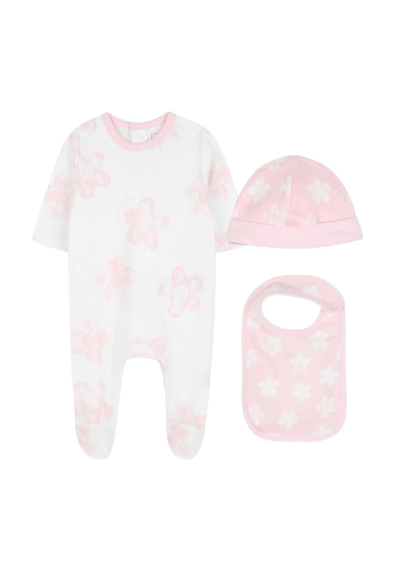 Ensemble de vêtements pour bébé comprenant un body blanc avec un motif floral rose, un bonnet rose assorti et un bavoir. Tissu doux avec des pressions pour un habillage facile.