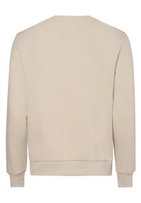 Sudadera beige texturizada con cuello redondo y puños y dobladillo acanalados, que muestra un diseño simple y minimalista sin detalles adicionales.
