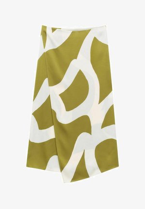 Wickelrock in Olivgrün und Weiß mit abstrakten, fließenden Mustern. Der Stoff hat eine glatte Textur und eine strukturierte Form.