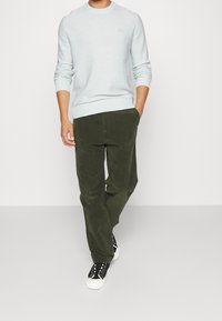 Hellblaues gestricktes Sweatshirt mit Rundhalsausschnitt, kombiniert mit olivegrünen Cordhosen. Das Modell trägt schwarze Sneakers. Einfaches, modernes Design.