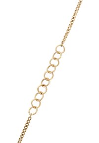 Gouden metalen schakelarmband met afwisselende cirkelvormige schakels en een gestructureerd ontwerp, verbonden met een klassieke schakel.