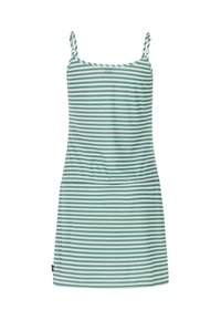 Robe sans manches à rayures horizontales vertes et blanches, avec de fines bretelles réglables et un décolleté droit.