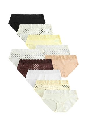 Neun Hipster-Slips für Damen in verschiedenen Farben und Mustern, jeweils mit Spitzenbesatz am Bund.