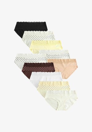 Neun Hipster-Slips für Damen in verschiedenen Farben und Mustern, jeweils mit Spitzenbesatz am Bund.