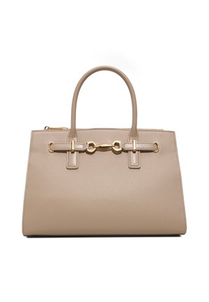 Sac à main en cuir beige à forme structurée, deux poignées et détail mors doré sur le devant.