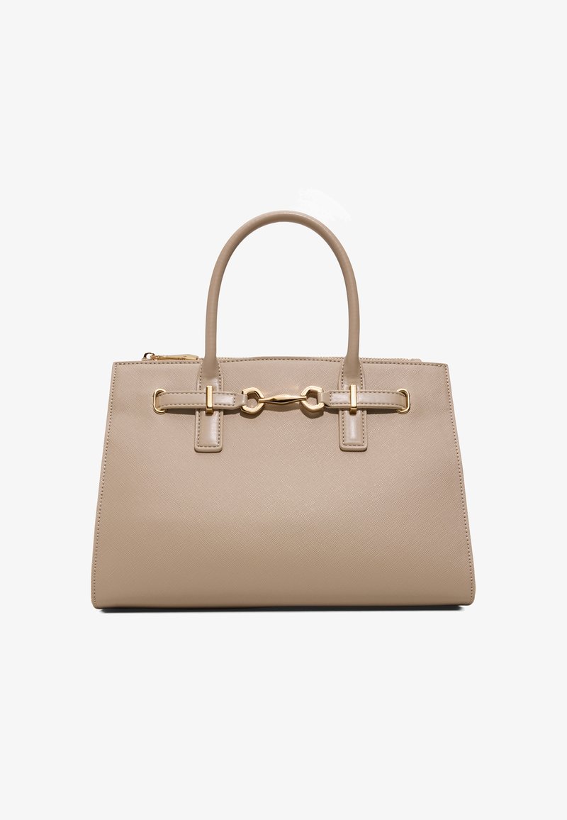 Sac à main en cuir beige à forme structurée, deux poignées et détail mors doré sur le devant.